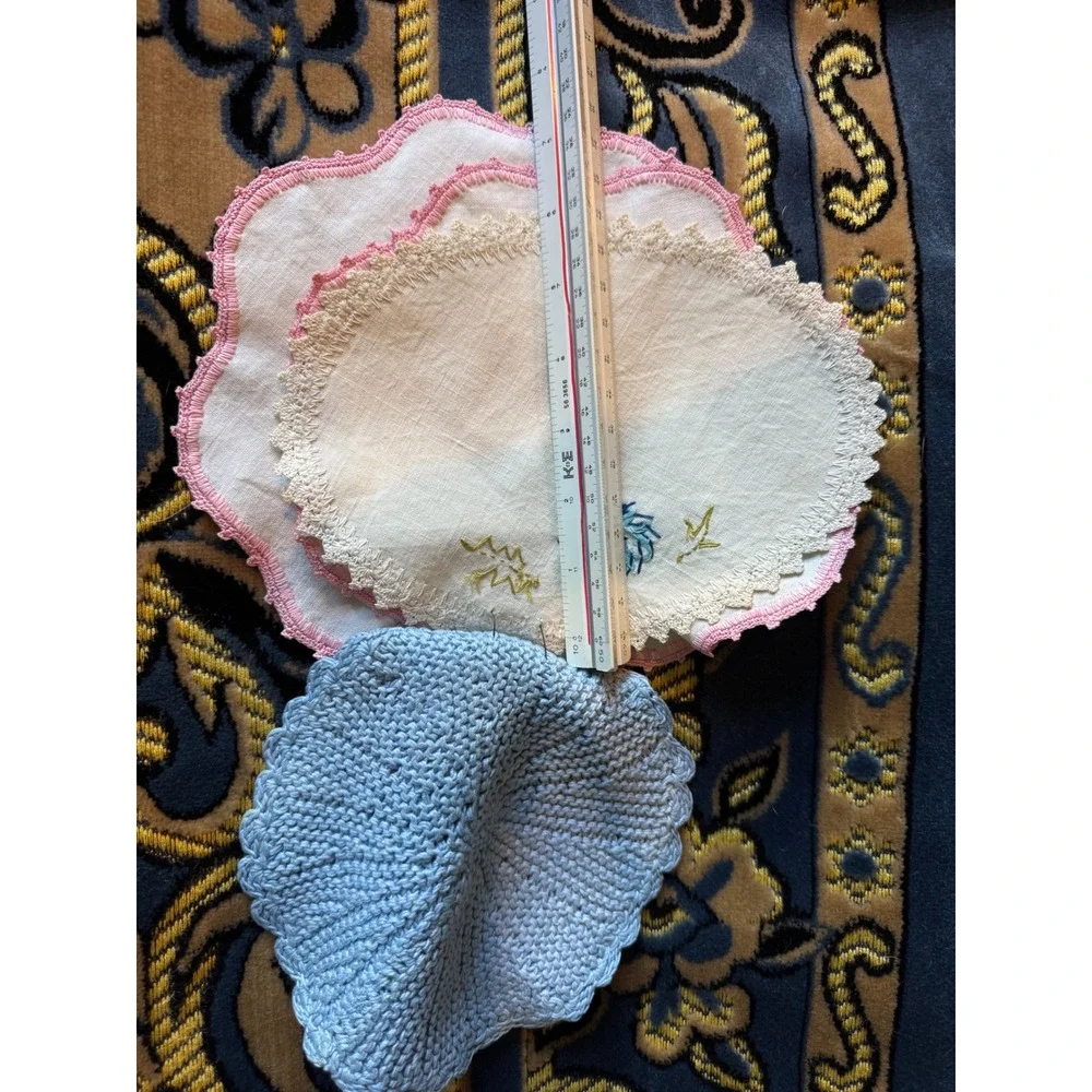 Vintage Linen Doilies Crochet Lace Edging Pastel Pink Blue Cream Set Cottagecore
